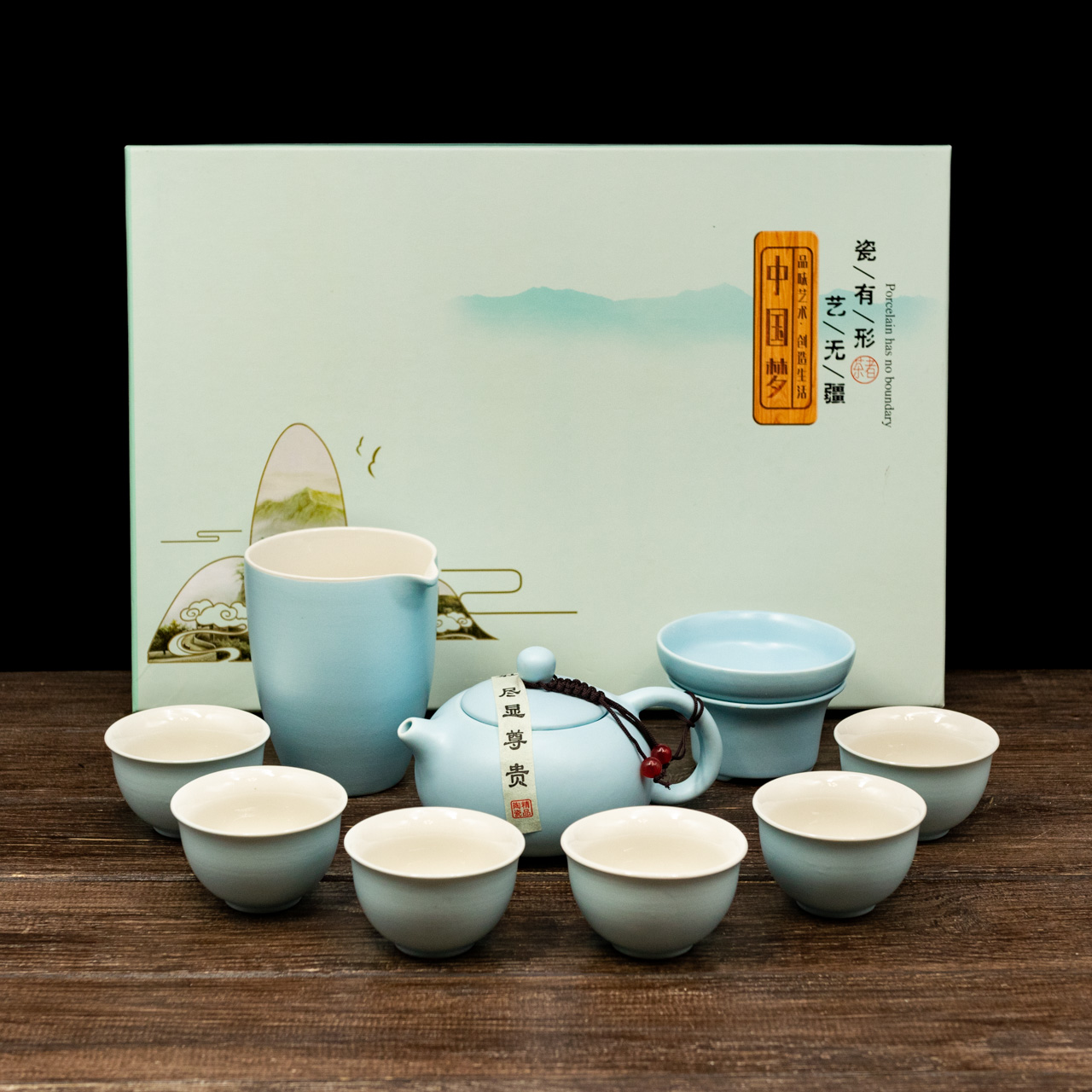 Набір посуду "Цінлан" з чайником (блакитний) на 6 персон, Картинка