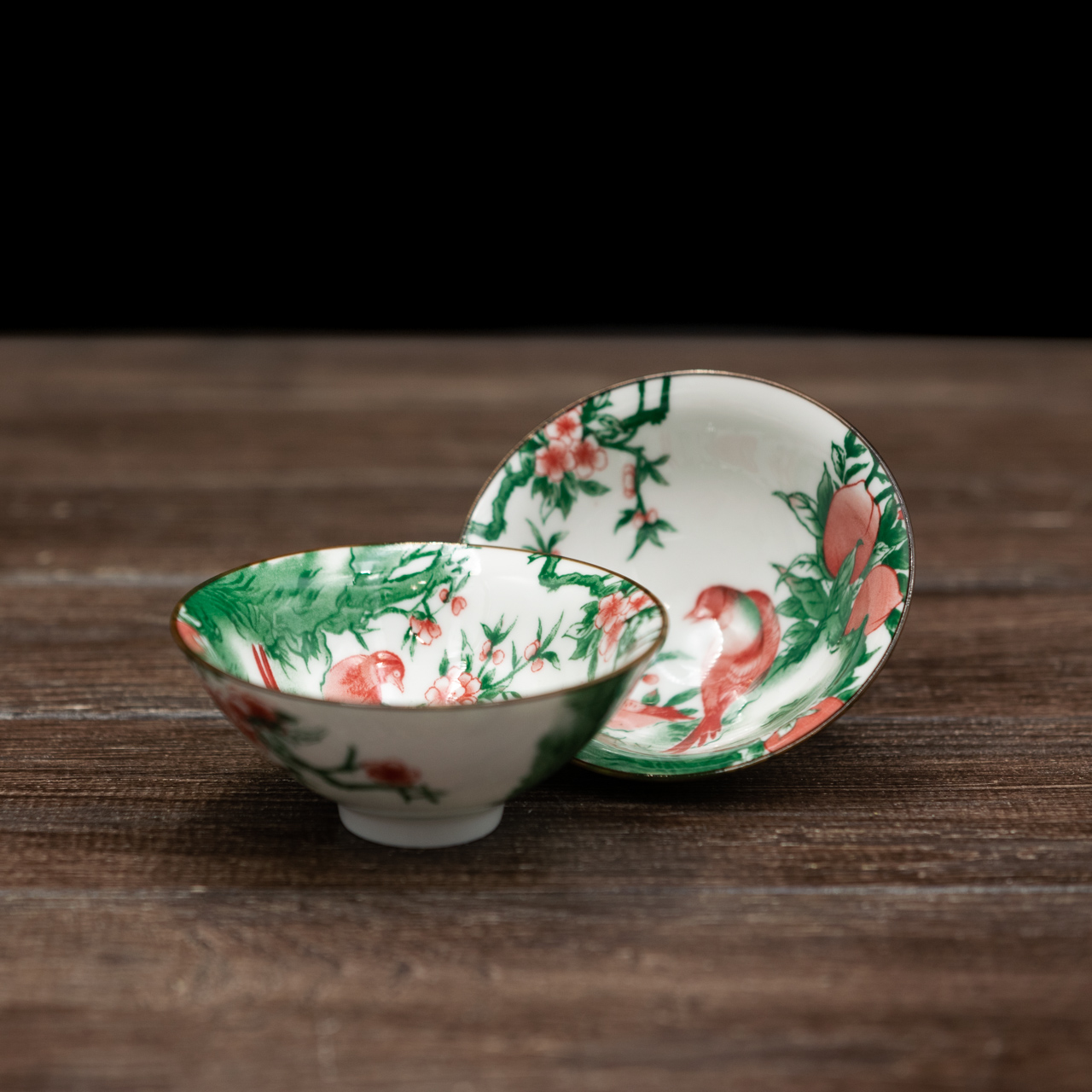 Порцелянова ретро піала "Персик та птиці" 80 мл, Картинка