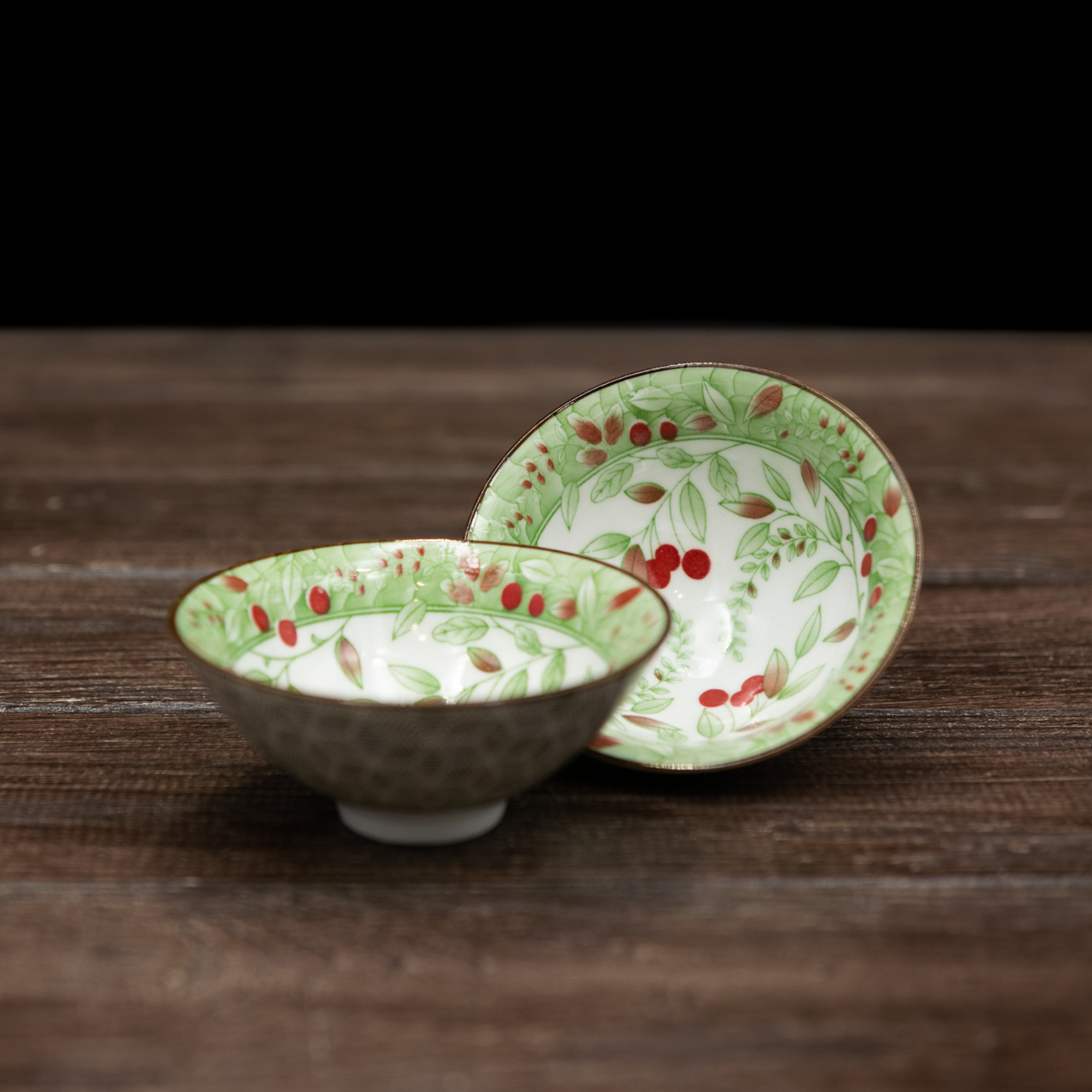 Порцелянова ретро піала "Гілки дерева вишні" (зелена) 80 мл, Картинка